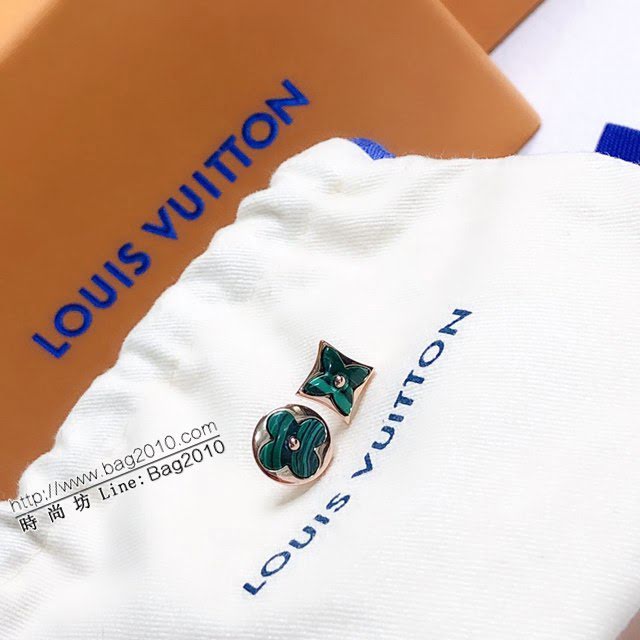Louis Vuitton純銀飾品 路易威登新款孔雀石耳釘 LV不對稱四葉草925純銀耳環  zglv2227